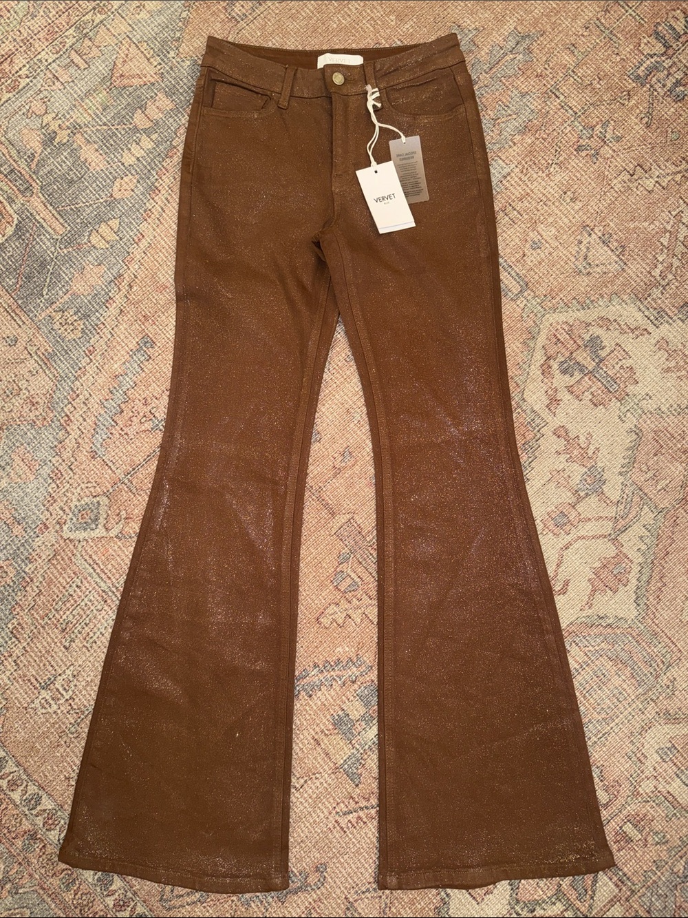 NWT Vervet Los Angeles Gold Brown glitter Flare Jeans size 26 mid rise